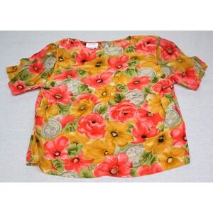 Tess Vintage 90s Womens L 100% Silk Blouse Red Floral Pocket Watch Print Flowing